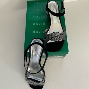David Tate Black Nova Suede Dress Rhinestone Open Toe Strappy Heels Size 10WW